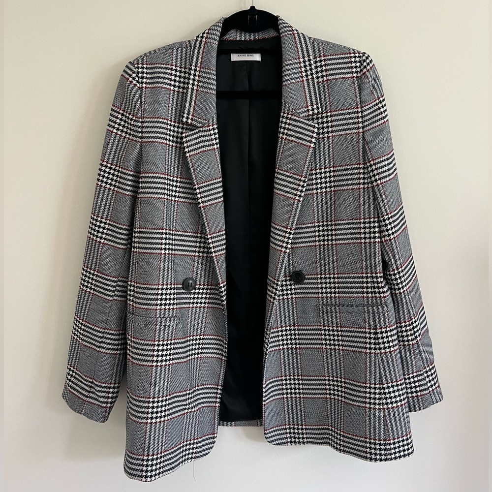 Anine Bing Houndstooth Plaid Oversized Double-Brested Blazer, Size Medium